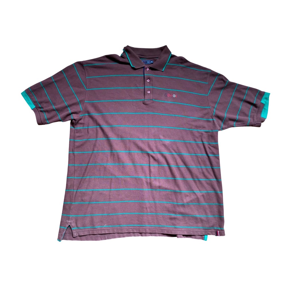 Coogi Mens 4XL Polo Shirt Y2K Brown Teal Striped Cotton Short Sleeve Pique Logo